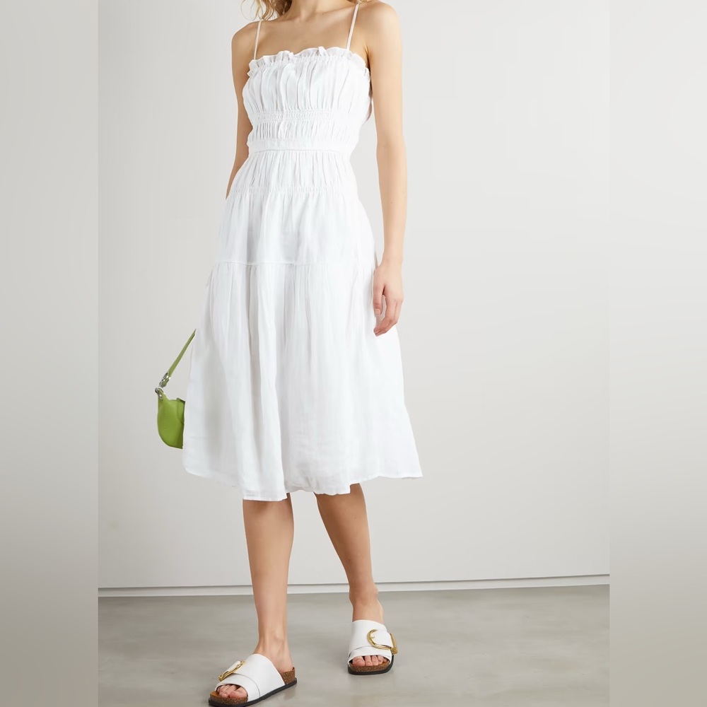 FRAME Smocked Ramie Midi Dress in XS